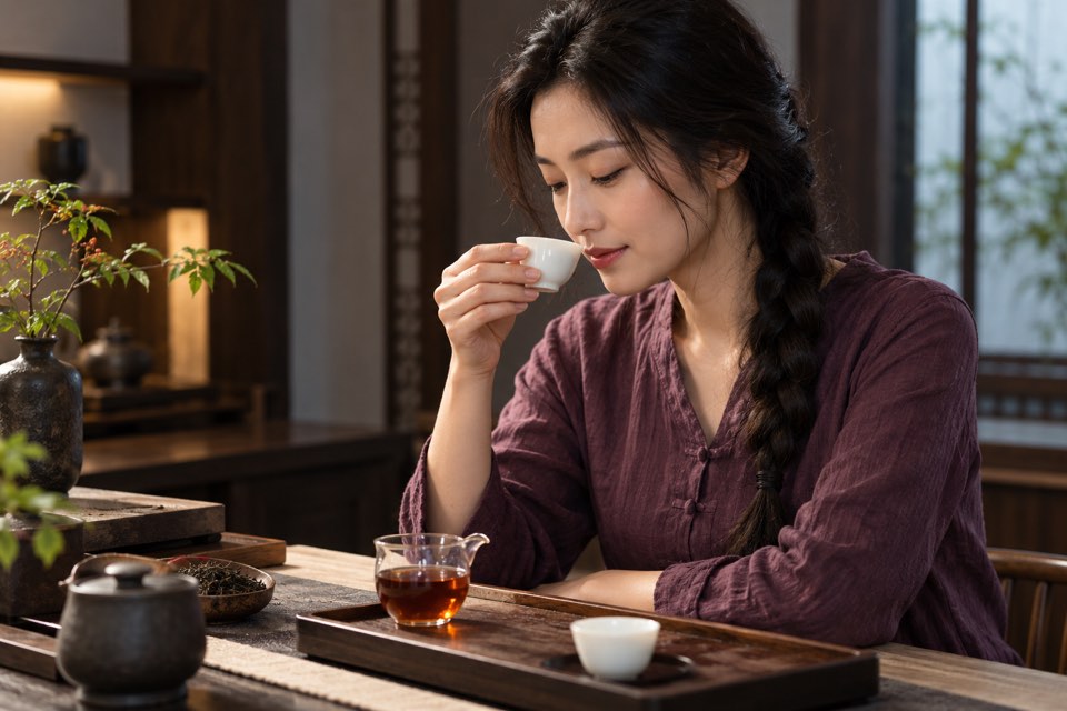 品茶时闻香的动作特写